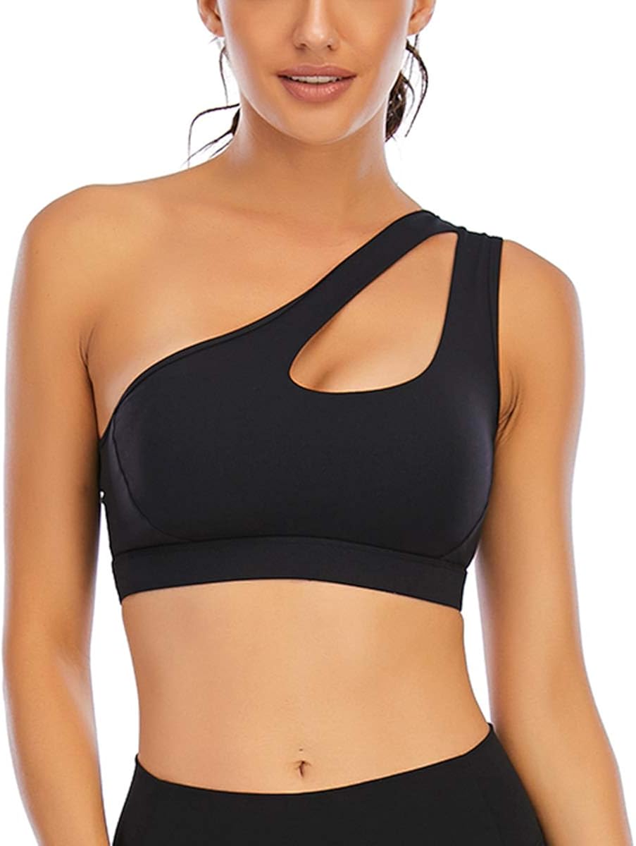 ALING Womens One Shoulder Sports Bra with Removable Pads Medium Support