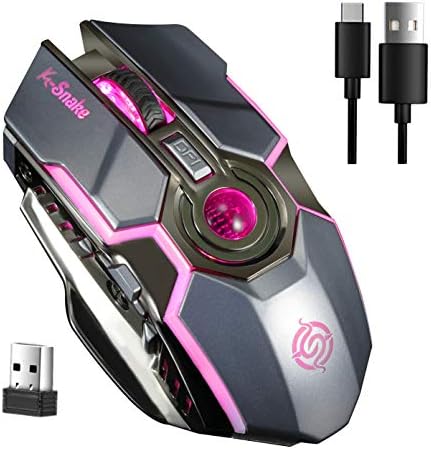Rechargeable Laptop Wireless Gaming Mouse 2400DPI USB Optical Mice, 6 Buttons, Chroma Breathing RGB Lights for PC Computer (Gray)