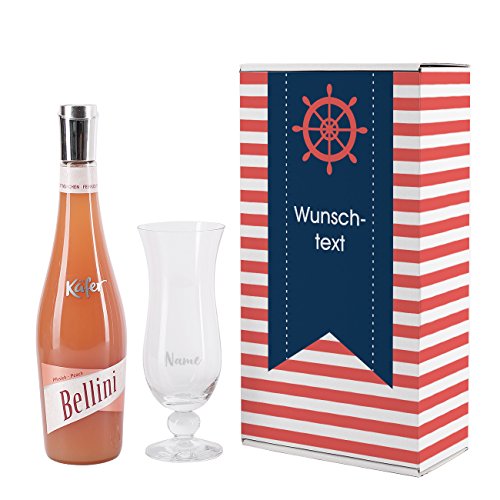 Herz & Heim® Käfer Bellini Geschenkset im maritimen Design mit graviertem Cocktailglas