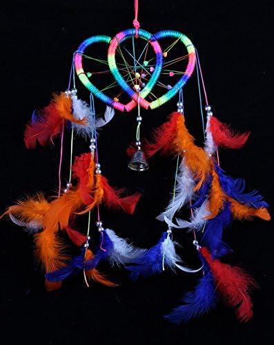 QOCOO Traditional Handmade Heart to Heart Dream Catcher with with Wind Chime Feathers, 19.7" Home Yard Decoration Wall Window Door Hanging Ornament, Best Wishes &amp; Great Craft for Room or Gift, Rainbow