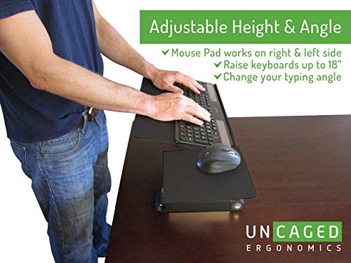 WorkEZ Keyboard and Mouse Tray ergonomic adjustable height angle negative tilt sit to stand up on-desk table-top desktop standing computer stand riser lift raise keyboards to standing height,black