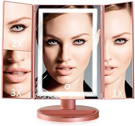Makeup Mirror with Lights,2x/3x Magnification, Trifold lighted makeup Mirror, Touch Screen vanity mirror with lights, 180° Adjustable Rotation, Dual Power Supply,Countertop Cosmetic Mirror (Rose Gold)