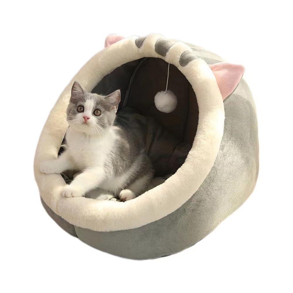 NatureMan Cat Beds for Indoor,Cat House with Hanging Cat Ball toy,Kitten Tent House Removable Cotton Pad,Warm and Soft Pet Cat Supplies Kitten Small Dogs Pet Bed (Grey, M)
