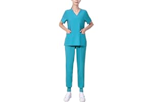 Feancey Women's Two Piece Outfit Scrub Nurse Working Uniform Short Sleeve Scrubs Tops and Pants Workwear Sets With Pockets