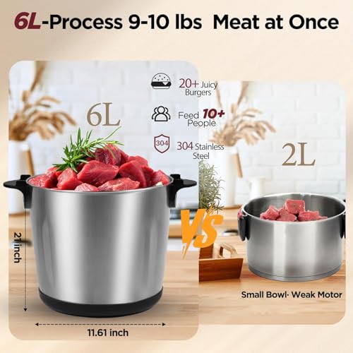 Meat Grinder 6L Large Capacity, 1200W Heavy Duty Electric Food Processor for Frozen Meat, Vegetable and Nuts with 3-Layer Blades & Stainless Steel Bowl, Dishwasher Safe, for Family BBQ, Keto Meal