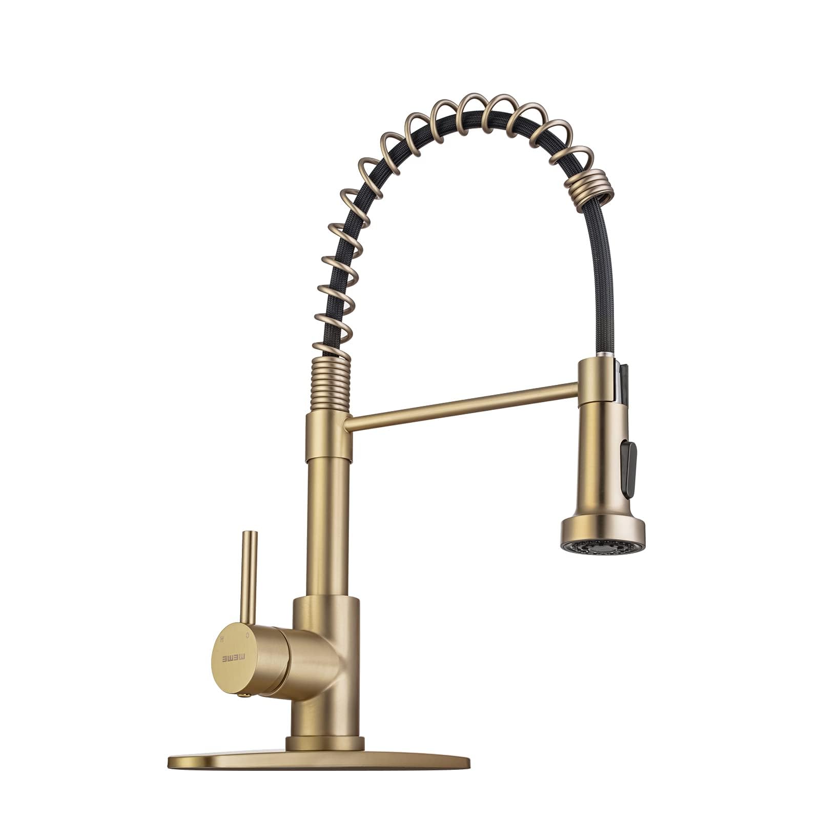 WEWE Brushed Gold Kitchen Faucet with Pull Down Sprayer RV Brass Kitchen Faucet Stainless Steel Single Handle Spring Faucet with Deck Plate Image