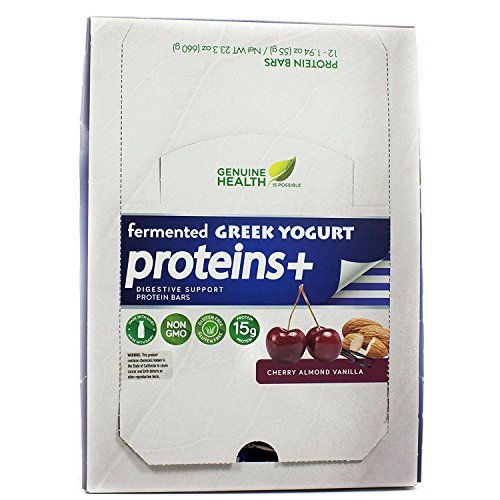 Genuine Heath Fermented Greek Yogurt Proteins+ Bar, Cherry Almond Vanilla, High Protein Bar, Low Carb, Low Sugar, Gluten Free, Digestive Support, 12 Count