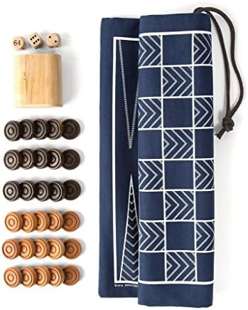 The Original Double-Sided Travel Backgammon &amp; Checkers Game-bag Set, Navy/White