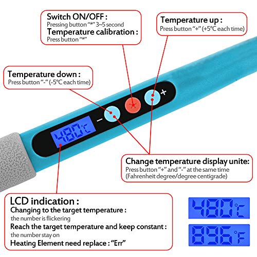 Soldering tools with Thermostatic Digital-Controlled and LCD Screen Display, djustable 80℃/356℉-480℃/896℉ with 10 PCS Soldering Bits, Soldering Iron Kit 60W 110V-Adjustable Temperature - Thumbnail 3
