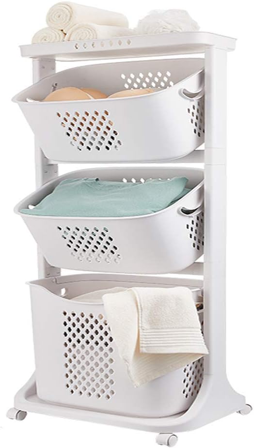 Baibao Large Plastic Laundry Baskets Trolley Cart Bathroom Clothes And Toy Storage With Wheels Multi-purpose White 3 tiers (Color : -, Size : 3 tiers)