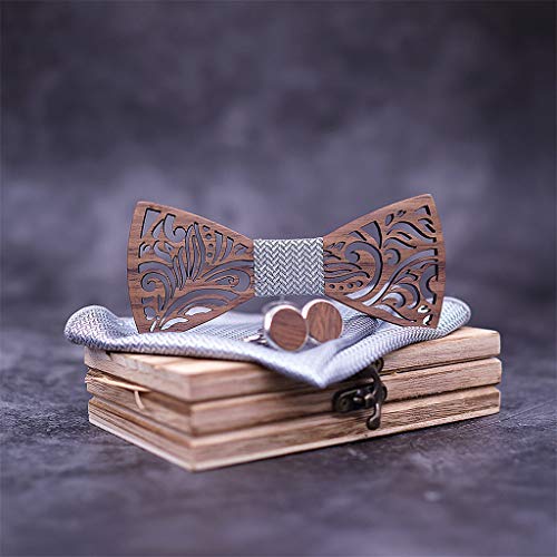 COM1950s Men's Bow Tie Natural Handmade Wooden Collar Vintage Wood Tie Manual Wooden Bow Tie Handkerchief Set (Gray, A)