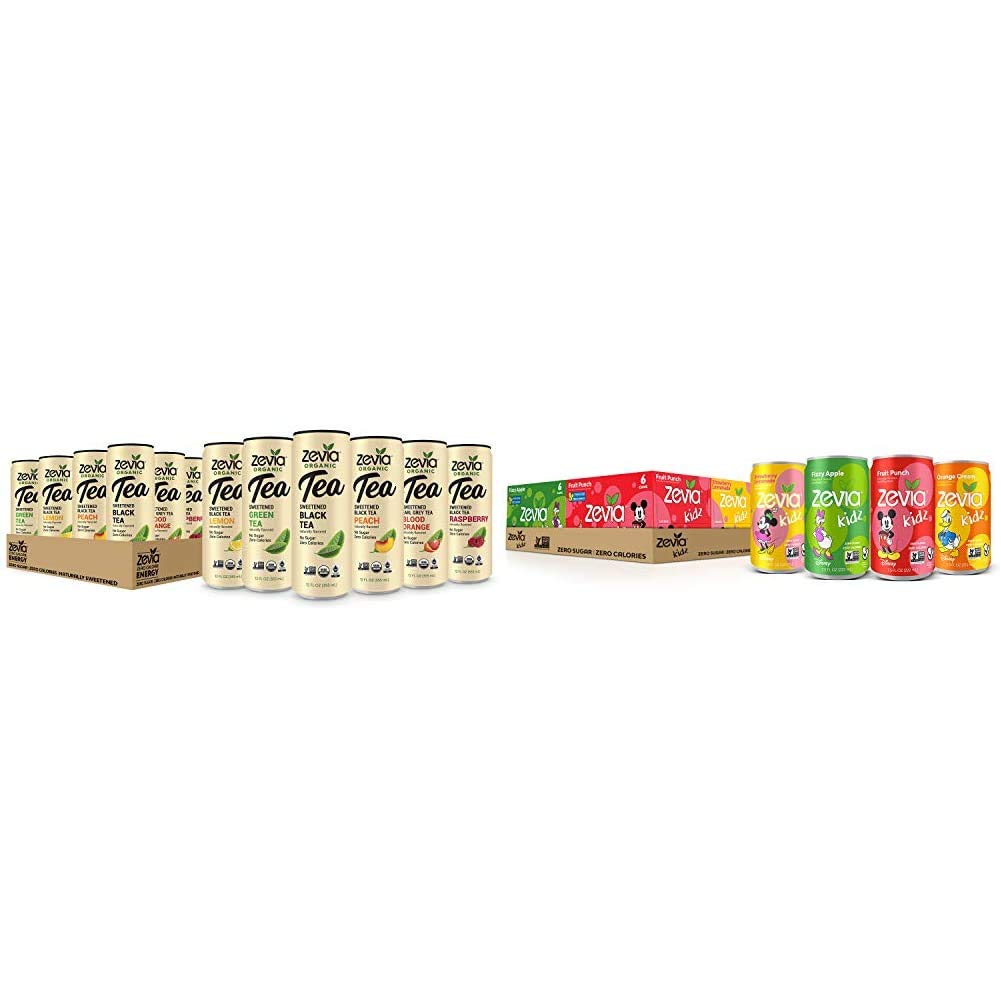 Zevia Organic Tea Time Variety Pack, 12 Count, Sugar-Free Brewed Iced Tea Beverage, Naturally Sweetened with Stevia, Zero Calories & Kidz Sparkling Drink, Variety Pack, 7.5 Ounce Cans (Pack of 24)