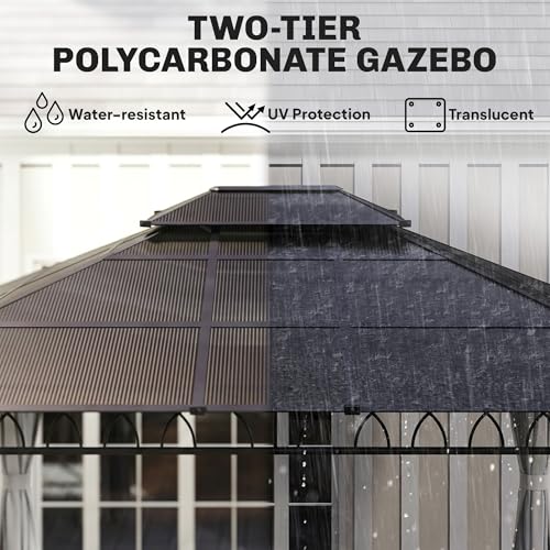 Outsunny 10' x 12' Outdoor Gazebo Canopy, Double Roof Hardtop Gazebo with Polycarbonate Roof, Steel Frame, Nettings and Curtains, for Garden, Lawn, Backyard and Deck, Light Grey