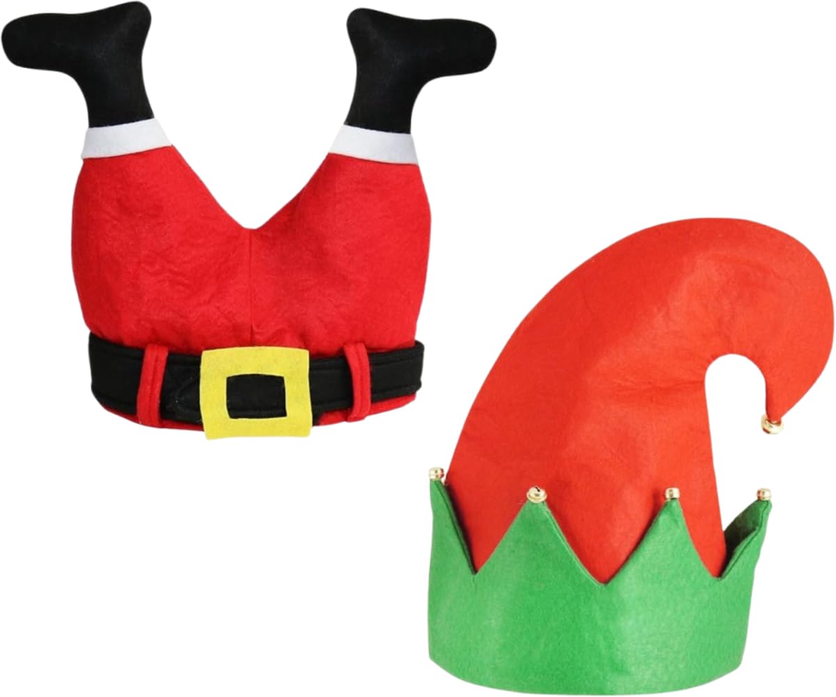 ZANGOC 2 Pack-Novelty Christmas Hats – | Holiday Costume Accessories for Adults & Kids | Xmas Party Hats & Fancy Dress Set - Elf Hat with Bell Rings + Santa Legs Hat