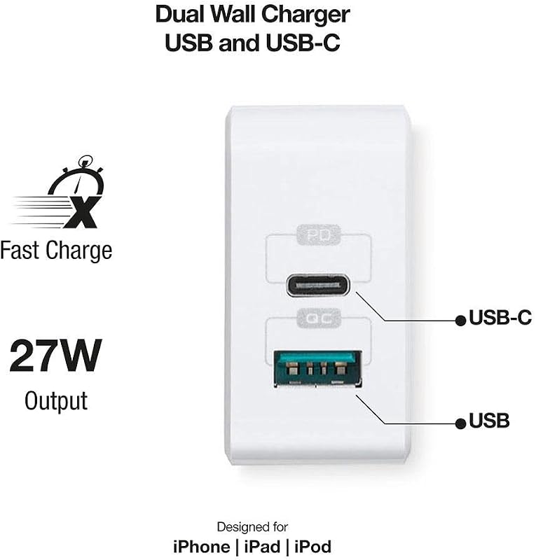 aiino - Alimentation USB-C pour iPhone 12/12 Pro, 27W, Chargeur Rapide, 2 Ports USB Quick Charge 3.0, USB Type C PD, Compatible avec iPhone 12/12 Mini/11 Pro/11 Pro Max/11/X/SE, iPad/iPad Pro - Blanc
