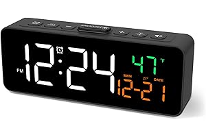 Netzu 3-in-1 Digital Clocks for Living Room with Temperature, Date & Time Display - 4 Levels Birghtness, 3 Volumes, Small & Compact Plug-in Alarm Clock for Bedroom, Office (Black)