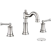 NAUKWAN Roman Bathroom-Sink-Faucet 3 Holes, Rotated Spout Vanity Basin Faucets 2 Handles 8 inches Widespread Deck Mount Brass Faucet for Sink with Overflow Pop Up Drain Brushed Nickel NL2204-BN