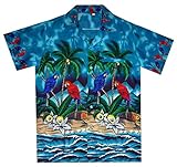 Funky Hawaiian Shirt For Men Short Sleeve Front-Pocket Parrot Palm Turquoise