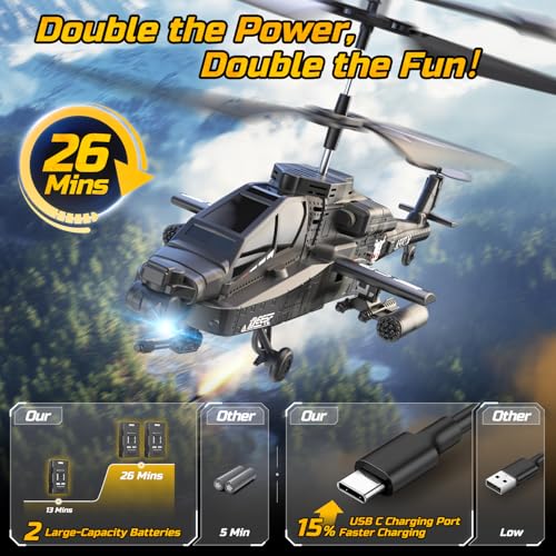 DEERC RC Helicopter for Kids and Adults, 2.4GHz Remote Control Helicopter W/ 2 Batteries, LED Lights, Altitude Hold & One-Key Take Off,30 Mins Flight,Indoor Military Flying Toy for Beginners Boys Gift