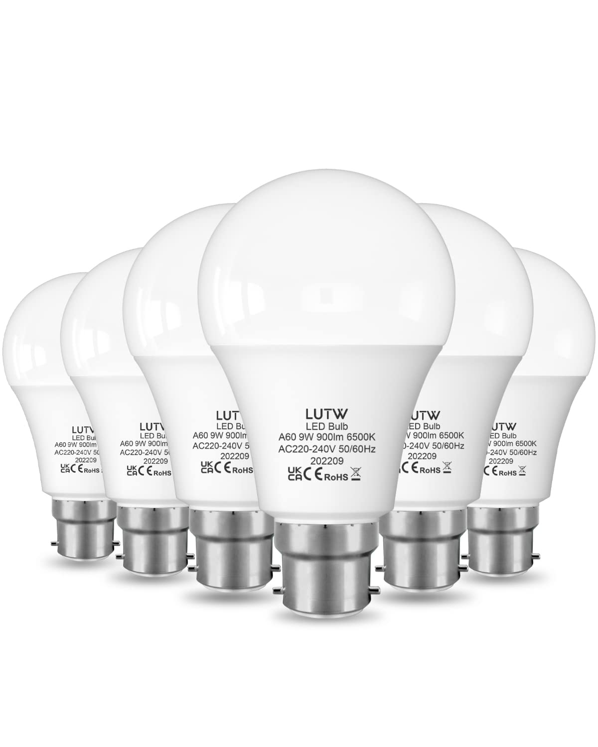 LUTW B22 Led Light Bulbs Bayonet, 60W Equivalent, Cool White 6500K, 9W 900lm LED Bulbs, BC GLS Energy Saving Light Bulbs, Non-dimmable, Pack of 6 — image 1