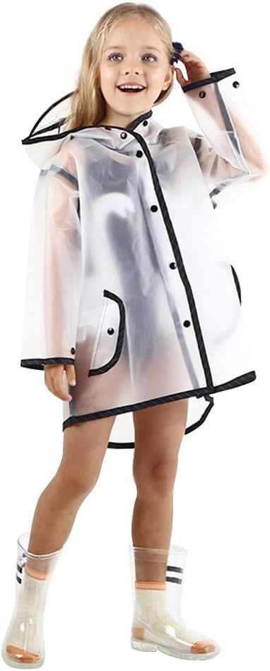 Kids Transparent Button Raincoat, Boys Girls Hooded Rain Jacket, Lightweight Rain Wear