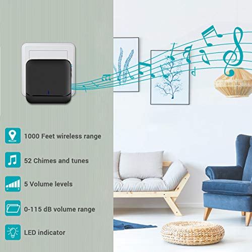 INTSUN Wireless Doorbell Kit, Door Bell Chime kit,Caregiver Call Button System -56 Melodies, 1 Receiver, 2 Push Buttons, Battery-Operated (included), 900 Feet Range, 5-Level of Adjustable Volume
