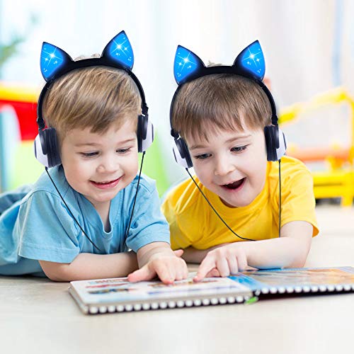 Esonstyle Kids Headphones Over Ear with LED Glowing Cat Ears,Safe Wired Kids Headsets 85dB Volume Limited, Food Grade Silicone, 3.5mm Aux Jack, Cat-Inspired (led cat Ear Kids Headphones-Black)