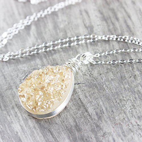 Peach Champagne Druzy Quartz, Genuine Gemstone Teardrop Sterling Silver  Necklace 18