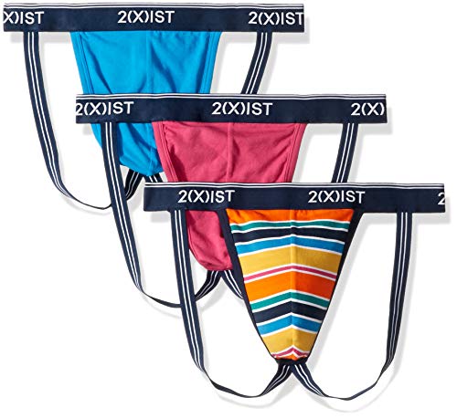 2(X)IST Men's Essential Cotton 3 Pack Y-Back Thong, Bright Stripe/Very Berry/Blue Aster, Large