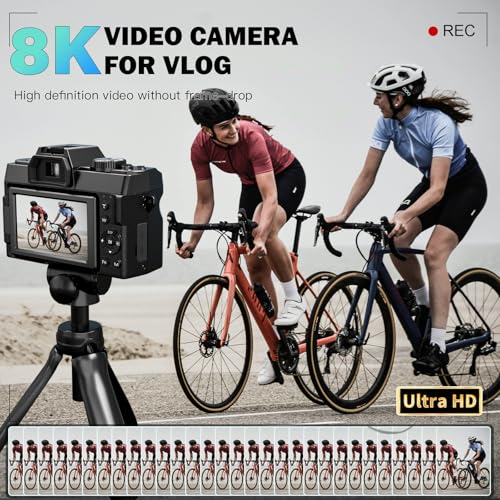 NBD 8K 64MP Digital Camera with Autofocus & 16X Zoom, Wi-Fi & App Control, Anti-Shake, 180° Flip Screen, Webcam Function, Includes Macro & Wide-Angle Lenses, 64GB TF Card & 2 Batteries (Black)