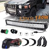 UNI FILTER DOT Approved 32Inch 180W Curved LED Light Bar + 2Pcs Front Lower Hidden Bumper Mounting Brackets + 1x DT Connector Wiring Harness Kit + 1x Rocker Switch for 2006-2010 Hummer H3