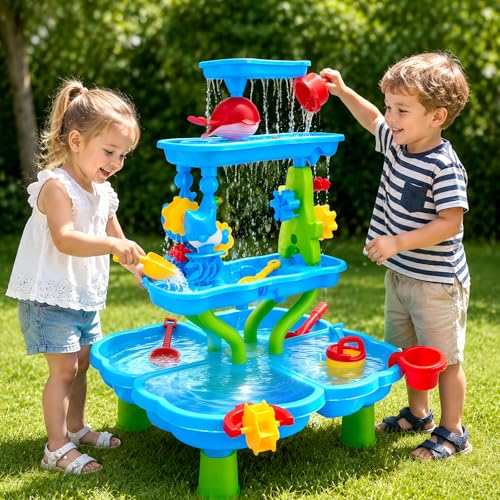 4 Tier Water Table for Children, 4 in 1 Water Games and Outdoor Sand with Accessories (Incl. Sand Mould, Shovel, Watering Can, Activity), Educational Activity Table for Boys and Girls Aged 3+