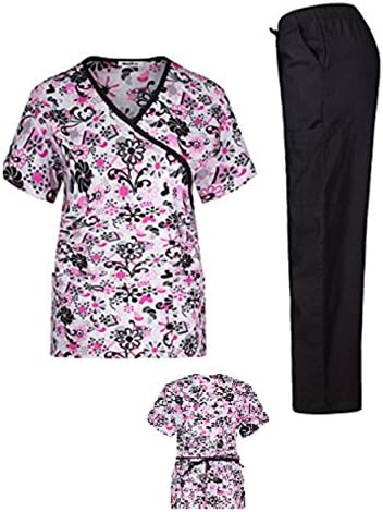 Women's Printed Scrub Sets Top & Pant Sizes XS S M L XL 2XL Multiple Prints Nursing (S, Black)