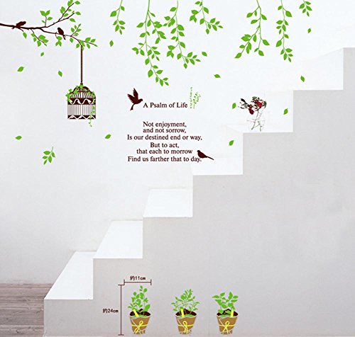BIBITIME Green Tree Branch Hanging Birdcage with 4 Birds 3 Potted Plants Wall Sticker for Door Window Desk Decor Decals ,DIY Size: 59.06 41.34 IN