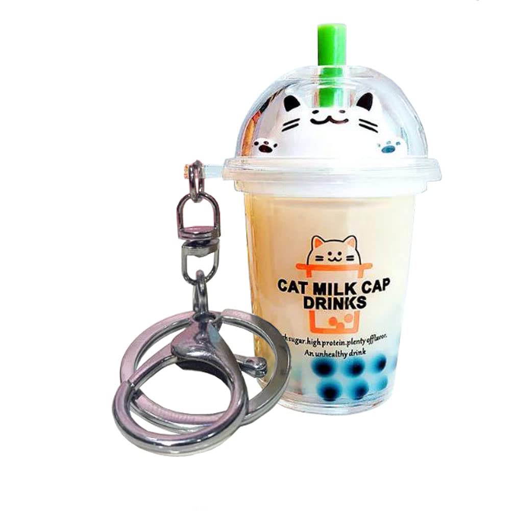 KUPOOL Milk Tea Keychain Creative Cat Bubble Tea Key Chain Mini Lifelike Simulation Milk Tea Quicksand Key Ring Cute Car Key Chain Pendant Bag DIY Charms Jewelry Accessories Enamel