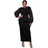 AOMEI Women's Elegant Butterfly Mesh Bishop Long Sleeve Round Neck Peplum Bodycon Evening Cocktail Maxi Dress with Flower