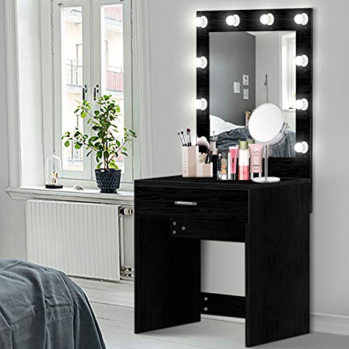 US Shipping Vanity Set with Lighted Mirror, YEEGO Makeup Vanity Dressing Table Dresser Writing Desk with Drawer for Bedroom Easy Assembly, Black(10PCS Cool LED Bulbs)