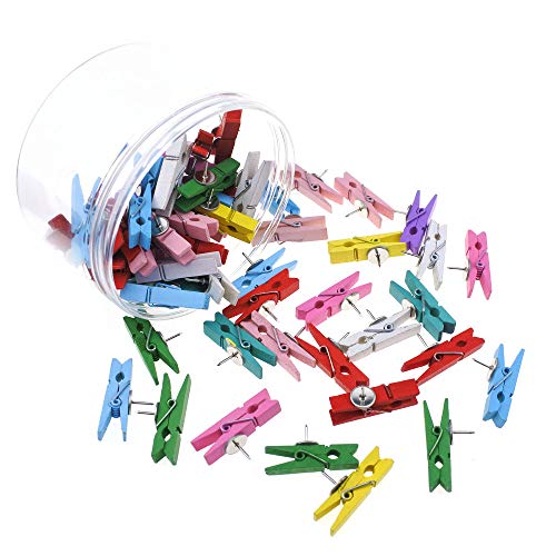 Jyongmer 60 Pieces Colorful Wooden Clips with Push Pins, Decorative Paper Clips Clothespins Pushpins Thumbtacks for Cork Boards, Craft, Photos, Notes, School & Office Projects