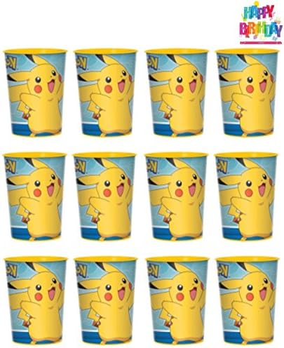 12 - Pokemon Pikachu 16 oz Birthday Party Favor Plastic Cups, and 1 Heydays Happy Birthday Tattoo