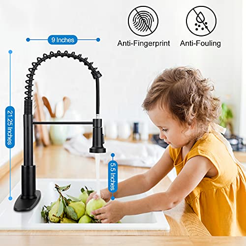 Matte Black Kitchen Faucet with Pull Down Sprayer, Lanhado Commercial Spring Kitchen Sink Faucet with Deck Plate, Single Handle One Hole Kitchen Faucets for RV, Stainless Steel Faucet for Kitchen Sink