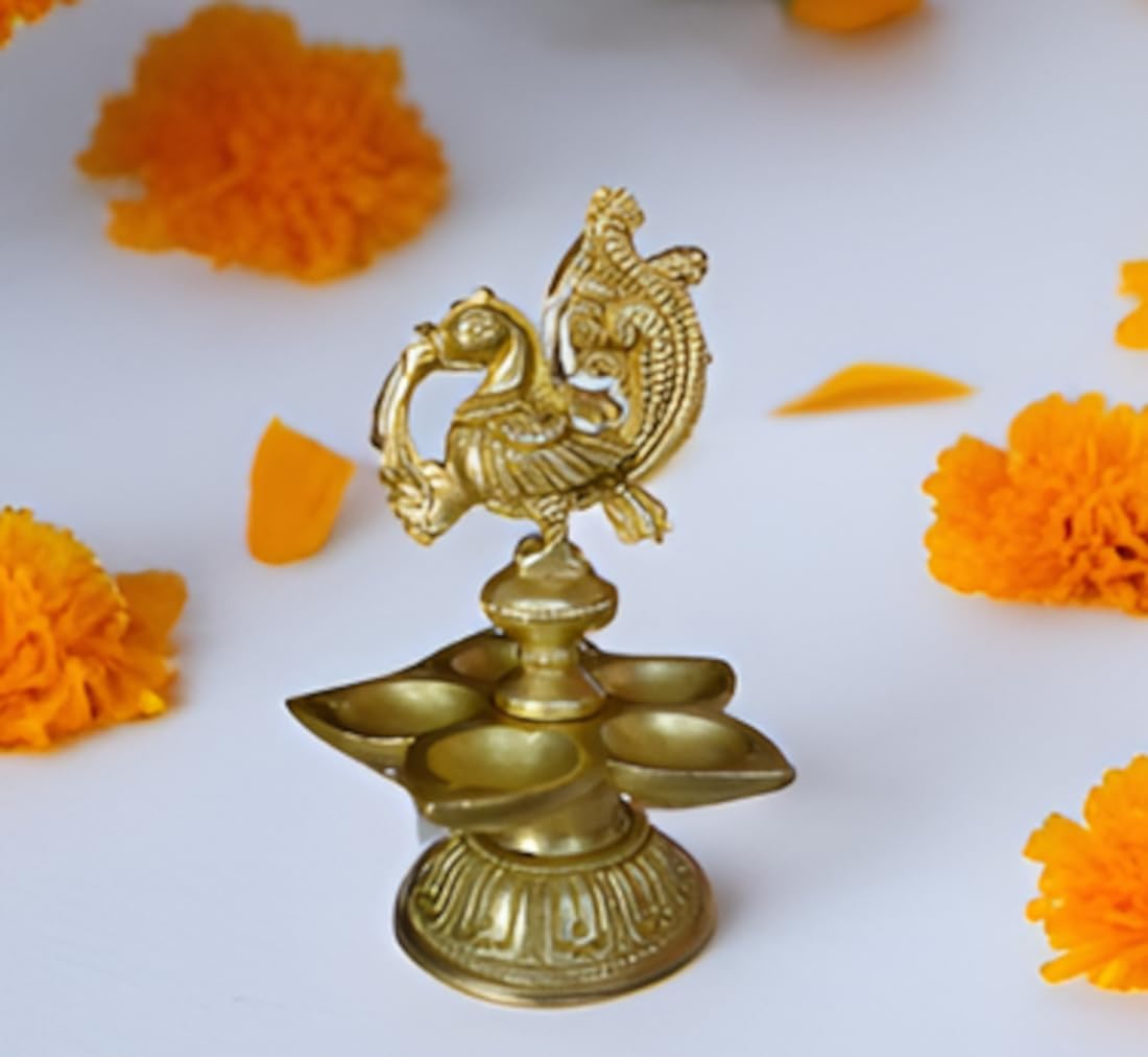 Purpledip Unique Pure Brass Peacock with 5 deepaks, Indian Religious Gift Ideas (10225)