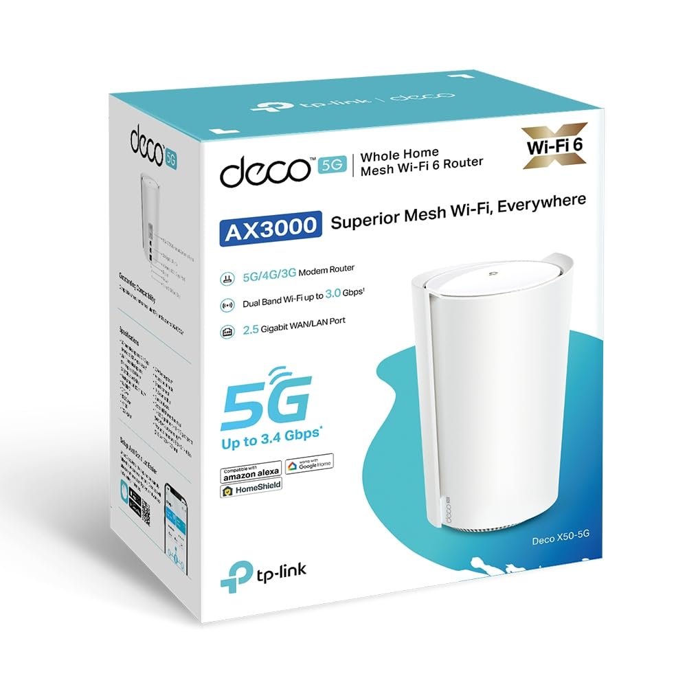 TP-Link Deco X50-5G AX3000Mbps Whole Home Wi-Fi 6 5G Router With Sim Slot, 5G/4G+Cat 6 Mesh WiFi Router, 2.5G Port For Ultra-Fast Speed, 230 m2 Seamless Coverage, Works with Alexa, HomeShield