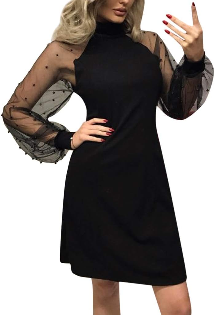 Gaddrt Dress Women's Ladies Pearl Beading Mesh Sleeve Dress Long Sleeve A-Line Mini Party Dress
