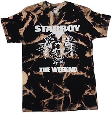 Starboy The Weeknd, XO T-Shirt - Black Bleached Tie-Dye - XO The Weeknd, Tiger Logo (White Print) (Large)