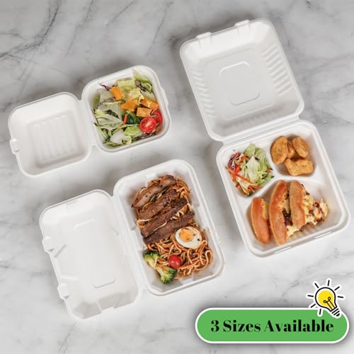 Lucklot 100 Pack Togo 8×9 Inch Disposable 3 Compartment White Clamshell Take Out Containers with Lids, To Go Takeout Lunch Boxes Compostable and Eco-Friendly Biodegradable Bagasse PFAS-Free for Food