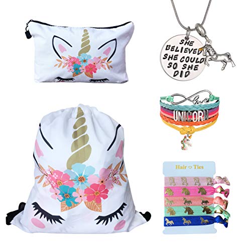 Unicorn Gifts for Girls - Unicorn Drawstring Backpack/Makeup Bag/Bracelet/Inspirational Necklace/Hair Ties (White Flower)