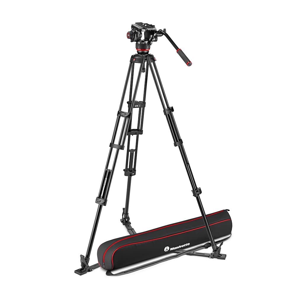 Manfrotto 504X Cabezal de vídeo fluido con trípode doble, kit con trípode de aluminio y cabezal de vídeo, pata doble con esparcidor de tierra, para DSLR, cámara digital, videocámara, camarógrafo, carga útil 26.4 libras