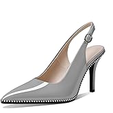 Zamikoo Women Beaded Pumps High Heel Slingback Pointed Toe Slip On 3.5 Inch Stilettos Ankle Strap Adjustable Buckle Patent Leather US Size 5 -Size 13