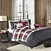 Madison Park Ridge Comforter Set - Cabin Lodge Plaid Herringbone Design, All Season Down Alternative Cozy Bedding with Matching Bedskirt, Shams, Decorative Pillow, Red Queen(90