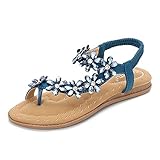 Wollanlily Women Summer Beach Bohemia Flat Sandals Rhinestones Flower Ankle Strap Flip-Flop Shoes(8 B(M) US,Blue)